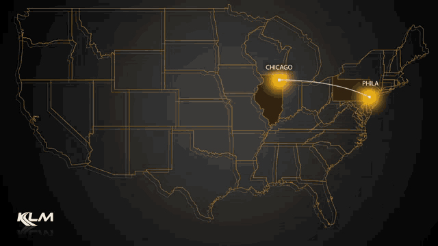 a map of the united states with chicago philadelphia and illinois highlighted