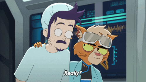 a man and a cat are standing next to each other and the cat is asking the man if he is really
