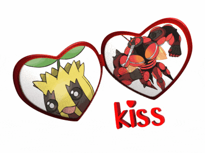 a picture of two hearts with the word kiss in red