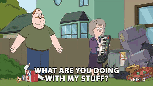 a cartoon of a man and a woman standing next to a trash can that says what are you doing with my stuff