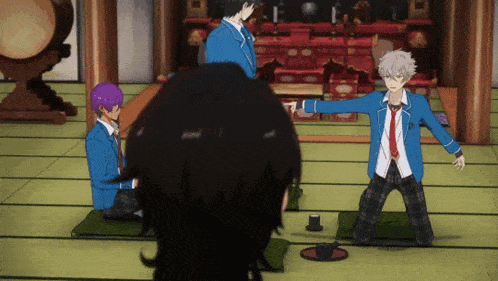 a group of anime characters are gathered in a room and one of them is pointing