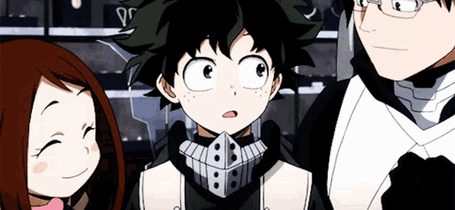 a group of anime characters are standing next to each other and one of them has a mask on his face