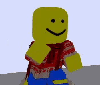 a yellow roblox character wearing a red scarf and a red sweater is smiling .