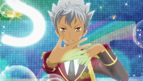 a cartoon character with gray hair and red eyes is making a hand gesture
