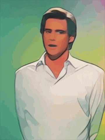 a cartoon drawing of a man in a white shirt with his hands behind his back