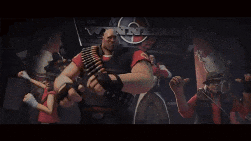 a group of cartoon characters are dancing in front of a sign that says " the enemy " on it