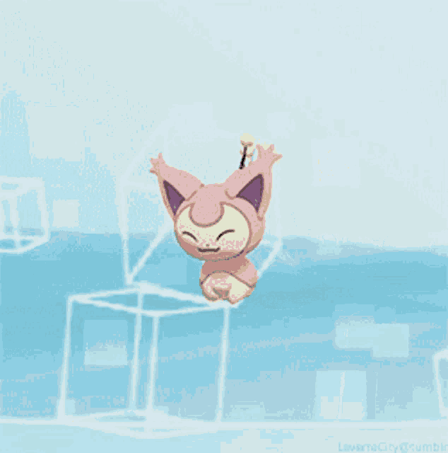 a pink cat with purple ears is flying in the air on a blue background