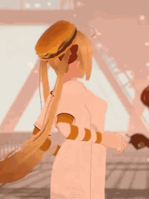a girl with long hair is wearing a hamburger hat and dancing .