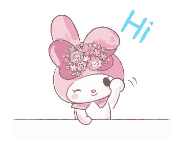 a pink bunny with flowers on her head and the word hi above it