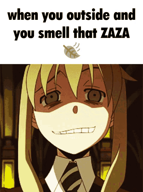 a picture of a girl with a mask on her face and the words " when you outside and you smell that zaza "