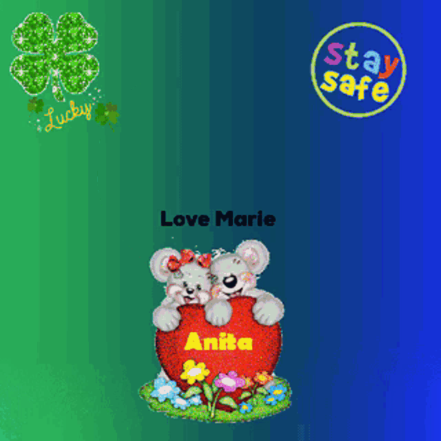 a picture of two teddy bears sitting on a heart says love marie