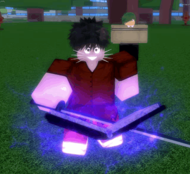 a cartoon character is holding a purple object in a video game