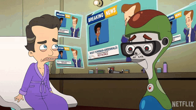 a cartoon of a man in a bathrobe sitting in front of a wall of breaking news