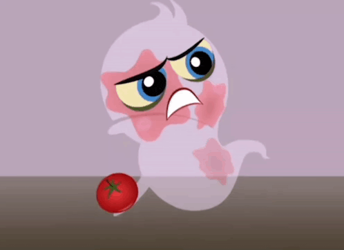 a cartoon character is looking at a tomato with an angry look on his face