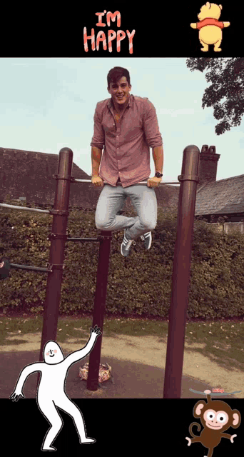 a man is standing on a bar with the words " i 'm happy " on the bottom