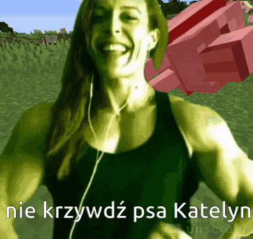 a woman is wearing headphones and smiling with the words nie krzywdz psa katelyn behind her