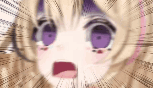 a close up of a anime girl 's face with purple eyes .