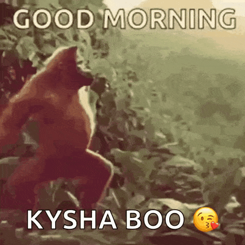 a monkey is standing on a rock in the woods with the words `` good morning kyasha boo '' written on it .