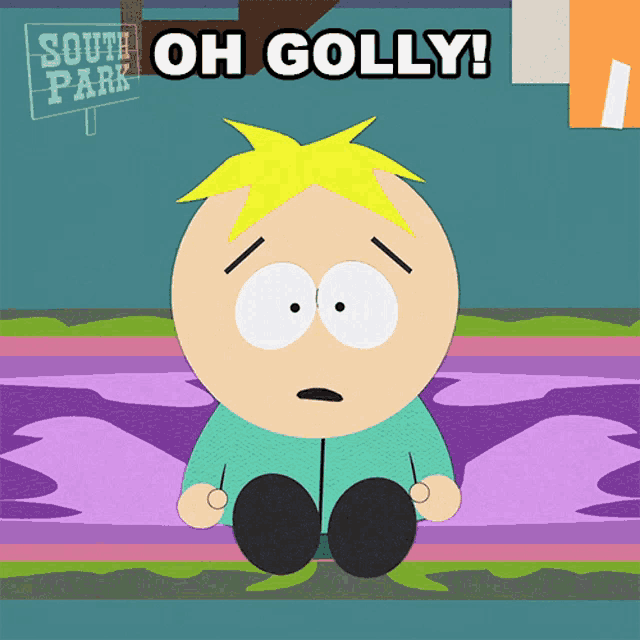 a cartoon character from south park sitting on a bed