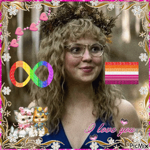 a picture of a woman wearing glasses and a crown with the words i love you on the bottom right