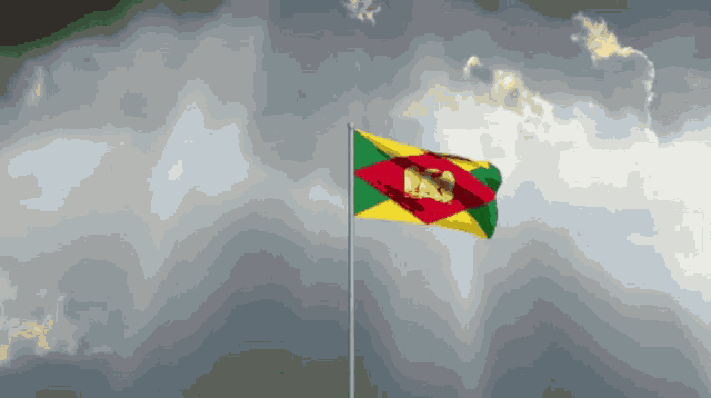 a flag with a lion on it is waving in the wind against a cloudy sky