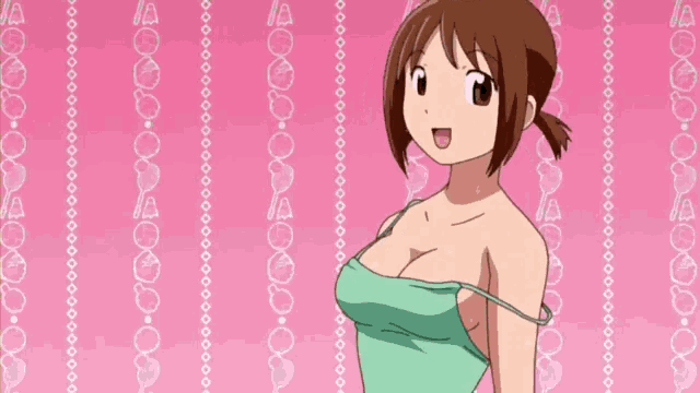 a girl in a green tank top is standing in front of a pink background with circles on it