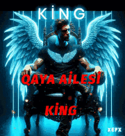 a man with angel wings is sitting on a throne with the word king written above him