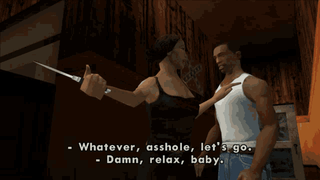 a video game scene with a woman holding a knife and a man pointing at her