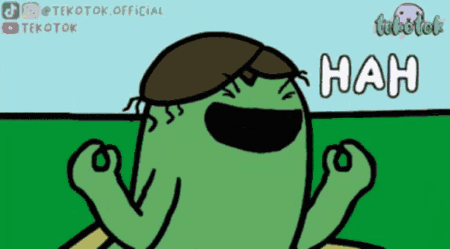 a green cartoon character with a brown hat and the word hah written in white