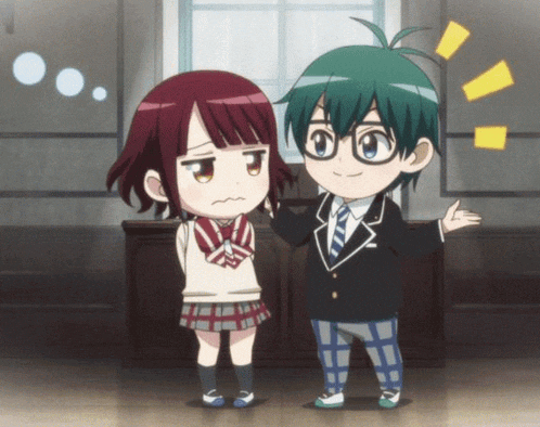 a boy and a girl are standing next to each other and the boy has glasses on