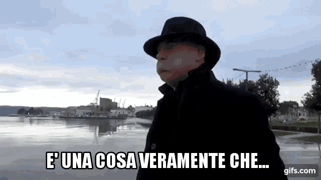 a man in a hat is standing in front of a body of water and says " e una cosa veramente che "