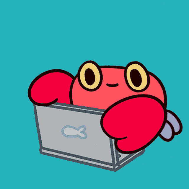 a cartoon of a red crab with a heart on its arm and the word pikaole on the bottom right