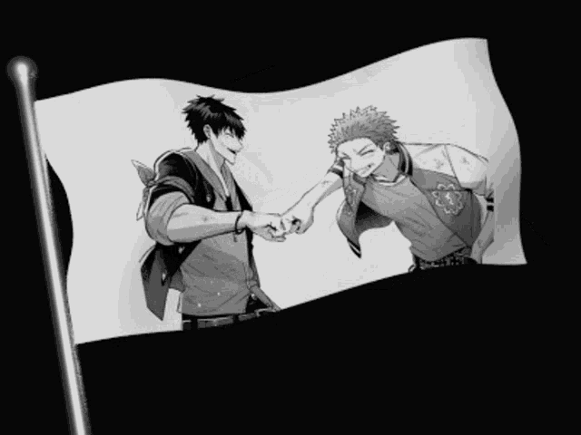 a black and white picture of two men giving each other a high five