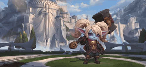a cartoon character holding a hammer stands in front of a castle