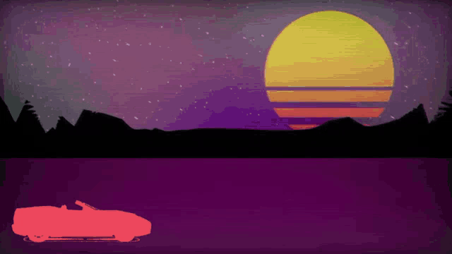 a red car is driving in front of a sunset