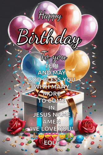 a happy birthday card with balloons and roses