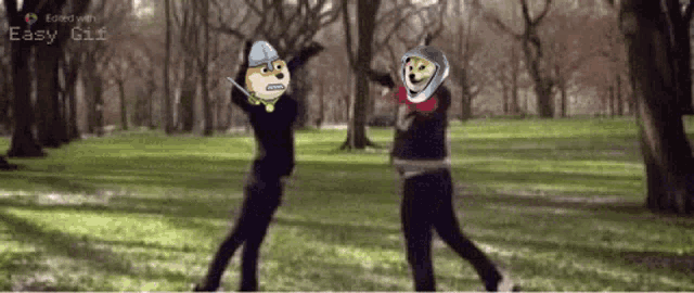 two people are dancing in a park with easy gif written in the corner