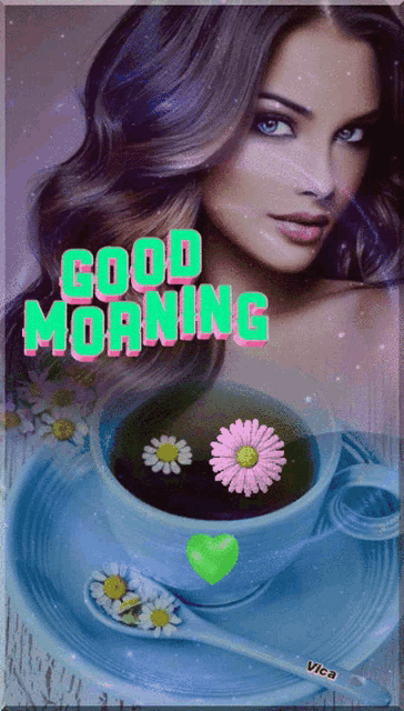 a picture of a woman and a cup of coffee with the words good morning written on it