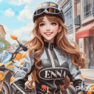 a girl wearing a helmet and a jacket that says enna on it