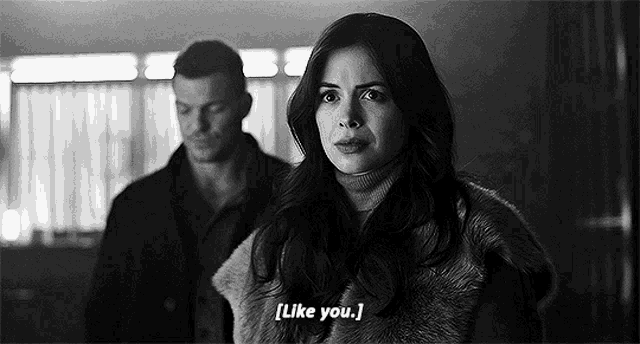a black and white photo of a woman in a fur coat saying `` like you '' .