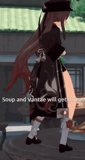 a video game character with the words soup and vantae will get hu tao