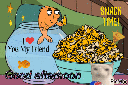 a good afternoon greeting card with a fish in a bowl and a cat