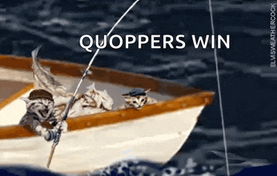 two cats in a boat with a fishing rod and the words quoppers win