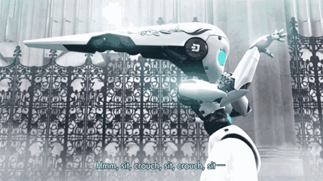a white robot with the words hmm sit crouch sit crouch sit