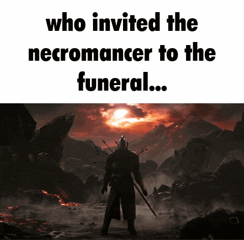 a man with a sword stands in front of a sunset with the words " who invited the necromancer to the funeral "