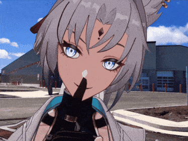 a girl with gray hair and blue eyes is holding her finger to her lips