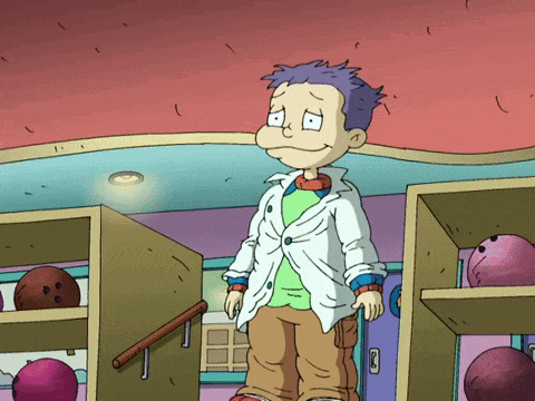 a cartoon character with purple hair is standing in front of a shelf of bowling balls