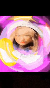 a girl 's face is surrounded by purple and yellow circles with the word cap on the bottom left