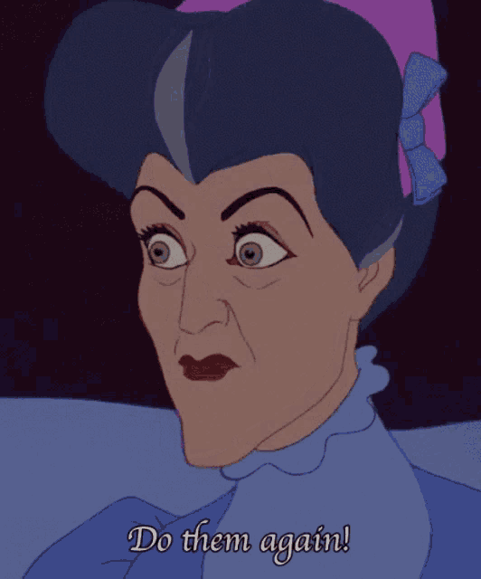 a cartoon character says " do them again " with her mouth open