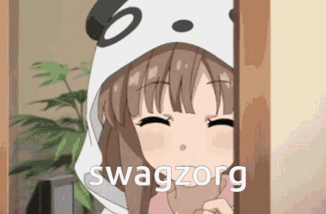 a girl wearing a panda hat is peeking out from behind a door and says swagzorg